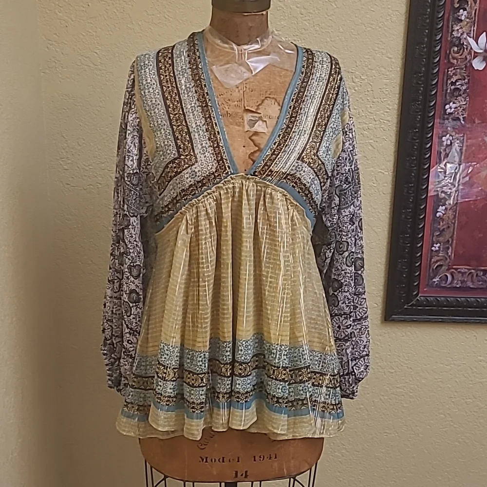 Womens Free People Aliyah Printed Metallic Sheer Boho Tunic Top Size XS - Picture 5 of 10